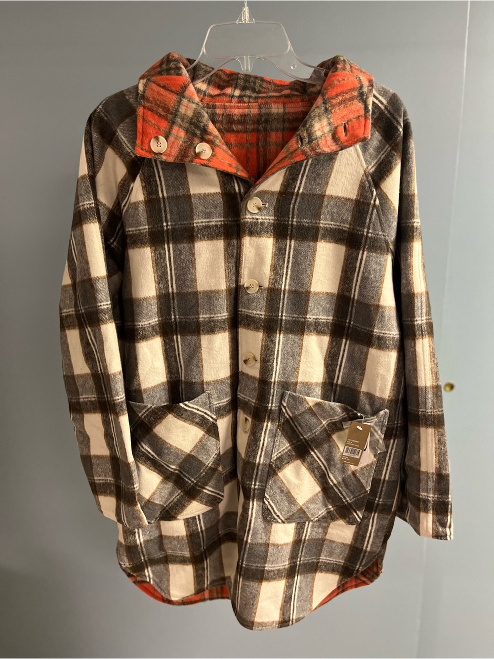 BKE Reversible Plaid Flannel Jacket Womens Medium NWT Brown Gray Orange Button